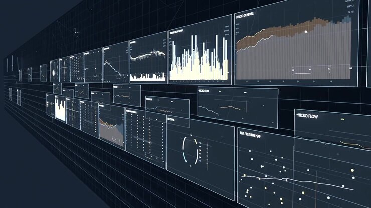 Beginning oblique, camera sweeping grid corridor, revealing analytics, charts, pale bars, cursors