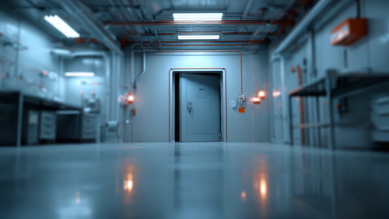 Dimly Lit Industrial Room with an Open Door Suggesting Intrigue and Mystery in a High-Tech Environment