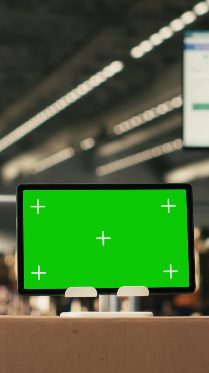 Vertical Video Vertical green screen on tablet in modern warehouse storage facility