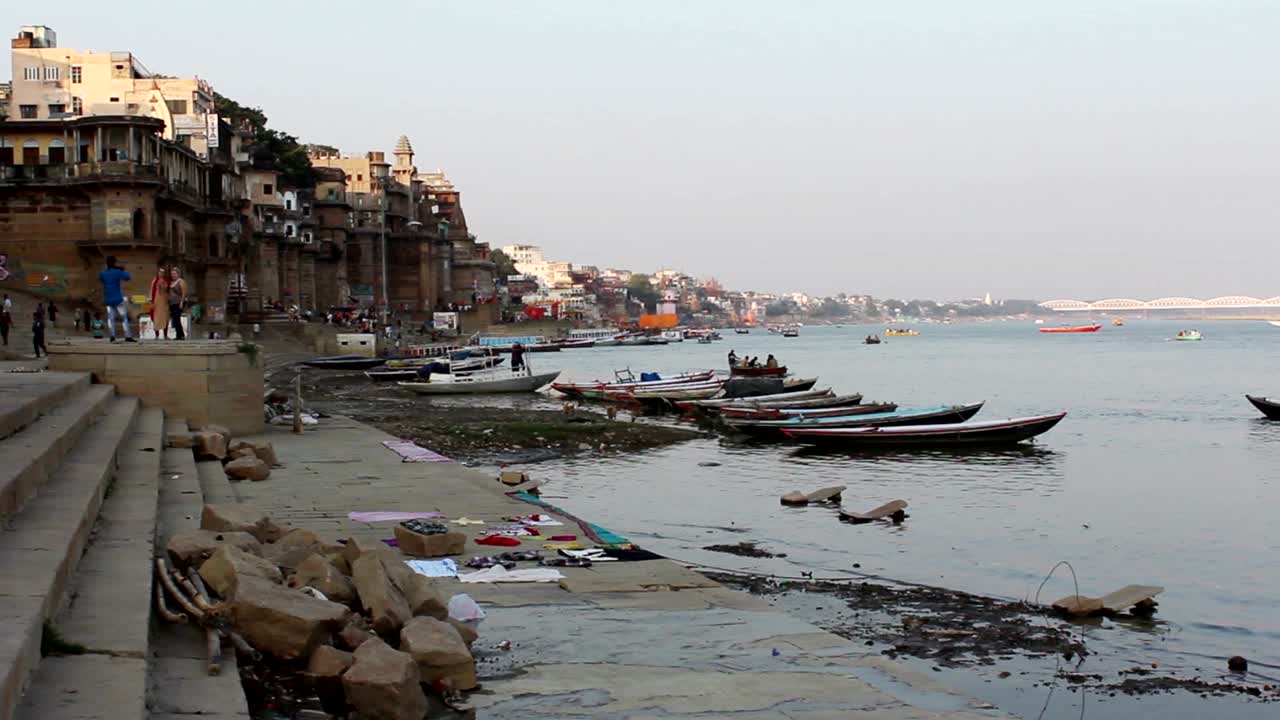 Varanasi City, Ganges River and Boats, Uttar Pradesh, India, Real Time