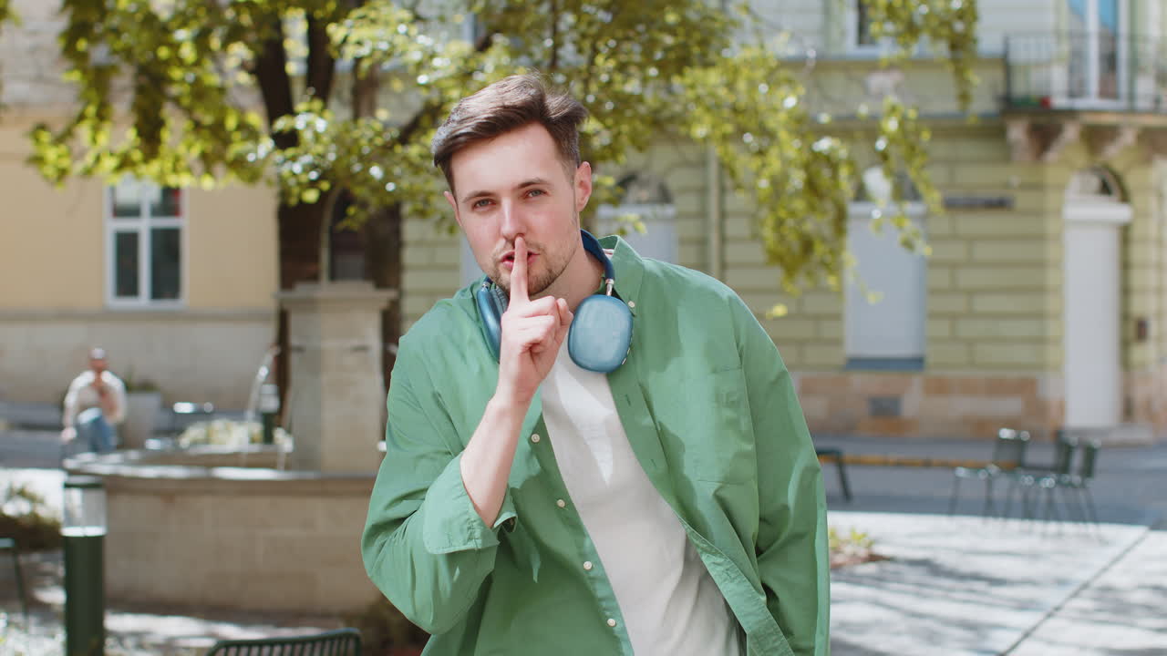 남자는 손가락을 입술에 누르며 침을 지키며, 몸짓으로 속삭이지 말고, 비밀을 말하지 말라.