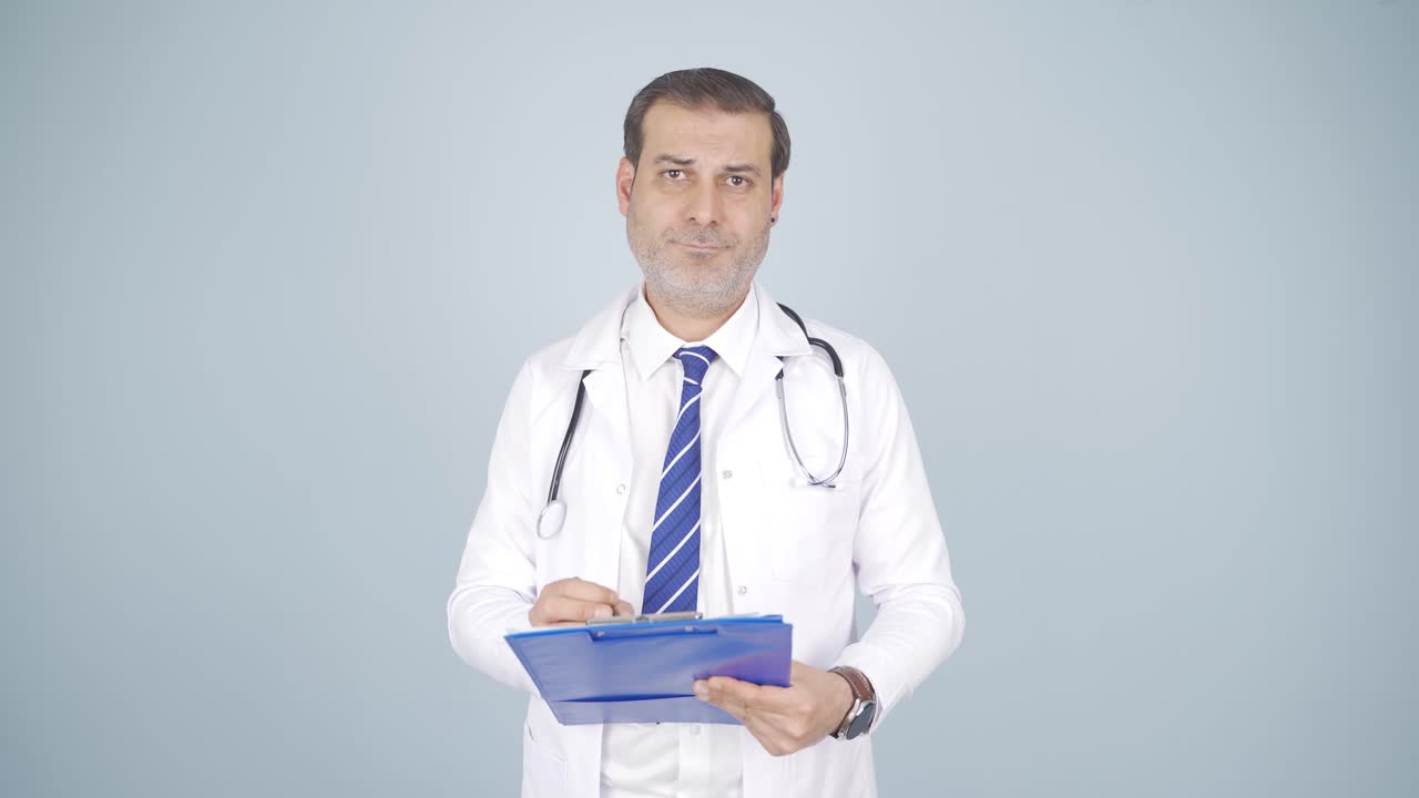 The doctor looks at the camera with a plain expression.