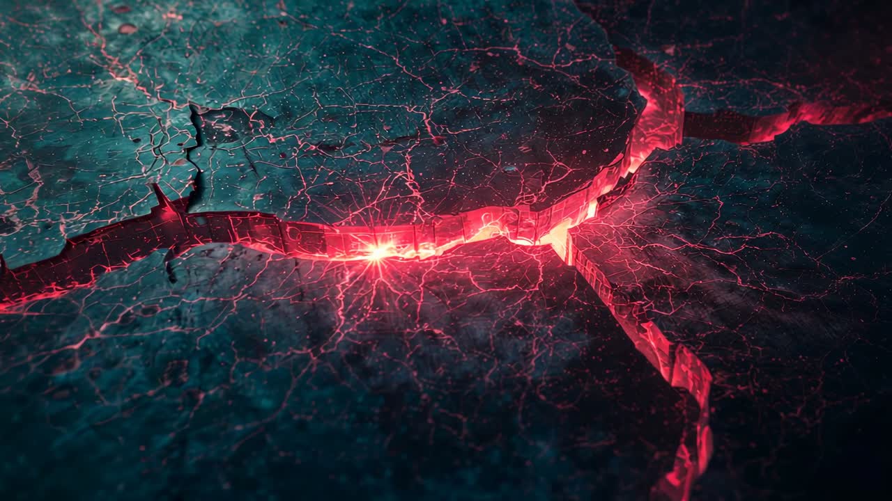 Sequence starting on rocky plateau showing glowing red fissure expanding pulsing crimson energy