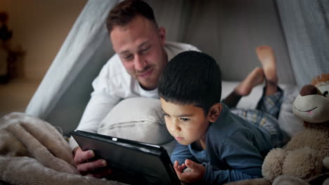 Tablet,-boy-and-father-with-bedroom-fort