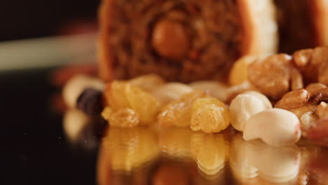 close-up of baklava with nuts and raisins