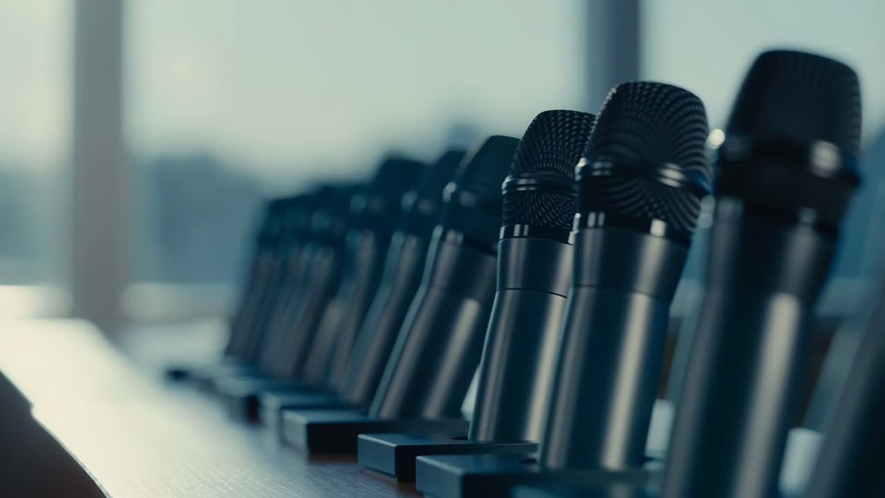 A row of microphones arranged on a table for a conference or press event