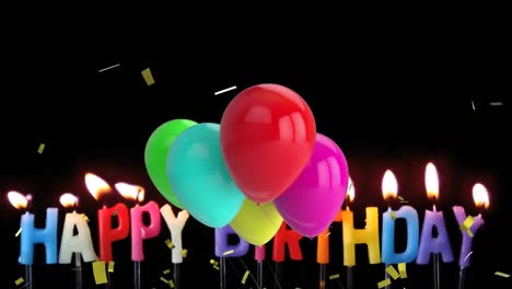 Animation-of-colorful-balloons-floating-and-golden-confetti-falling-over-happy-birthday-candles