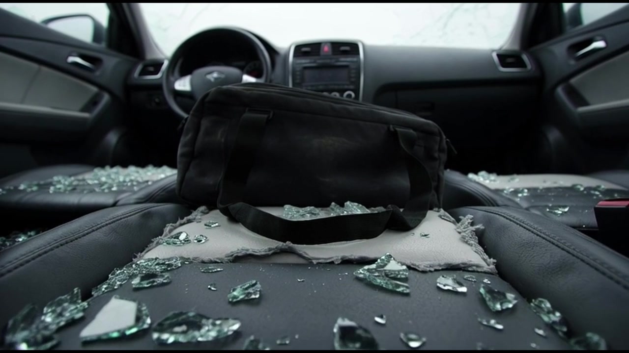 Vetro del finestrino dell'auto rotto sparso sul sedile del veicolo dopo il furto