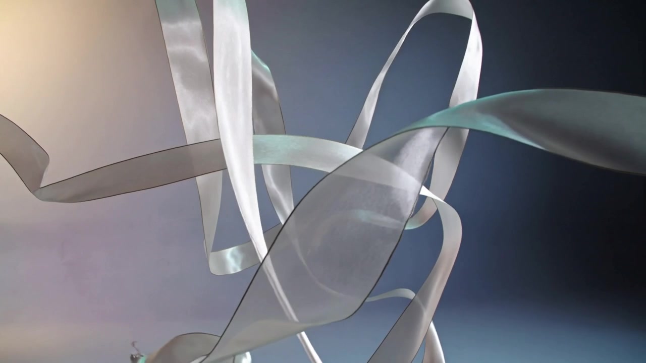 Drifting inward sheer satin ribbons twisting around axis in studio, with teal edges and frayed tips