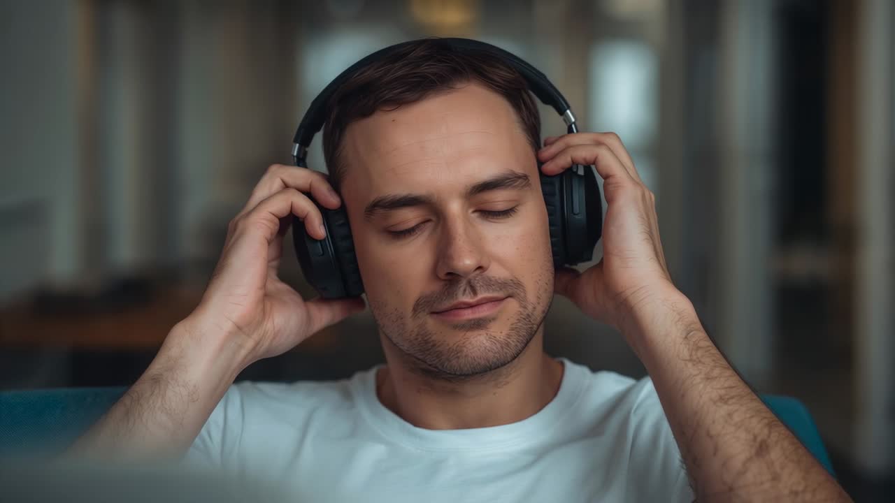 Mann i 30-årene løfter over-ear hodetelefoner, justerer øreklokkene og lukker øynene for å slappe av hjemme.