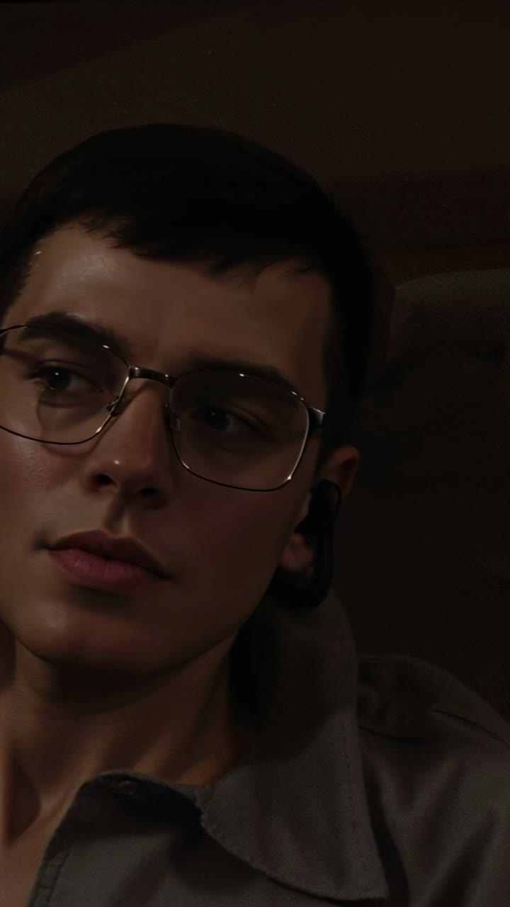 Vertical video: Shifting man in collared shirt glancing right in dim car, with glasses and earbud