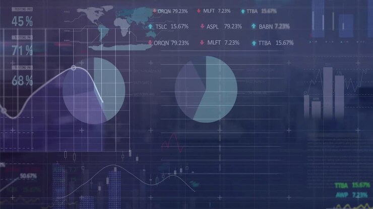 Animazione di elaborazione di dati statistici e di borsa su vista aerea di paesaggio urbano