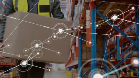 animation of network of connections over caucasian male worker picking up a box from warehouse shelf