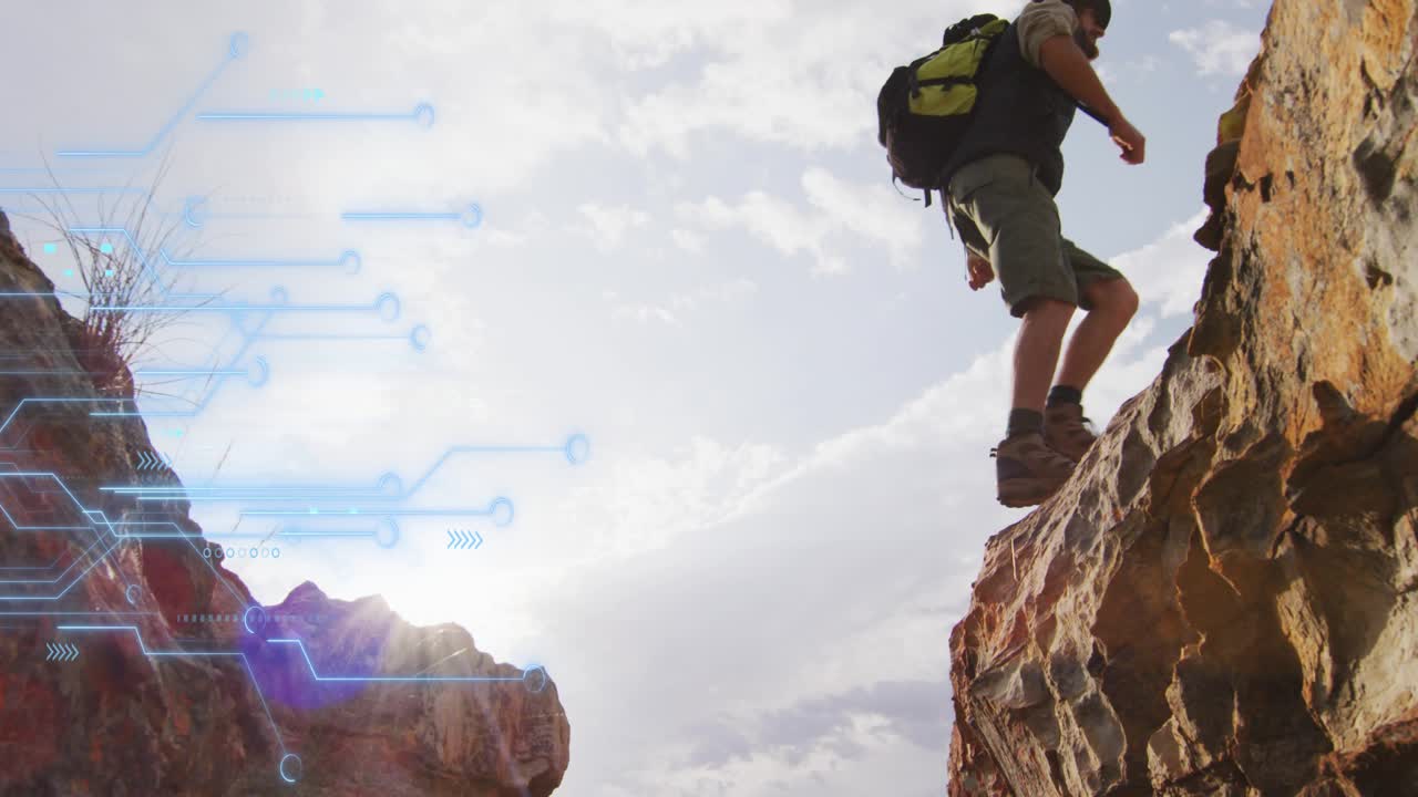 Hiker shifting weight leaping across canyon ledge with technology circuit overlay to ascend