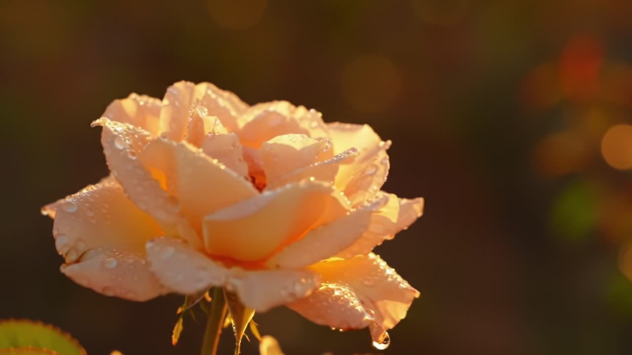 A Beautiful Close-Up of a Dew-Kissed Peach Rose Flourishing in Soft Golden Light, Capturing the Essence of Early Morning Serenity and Nature's Splendor