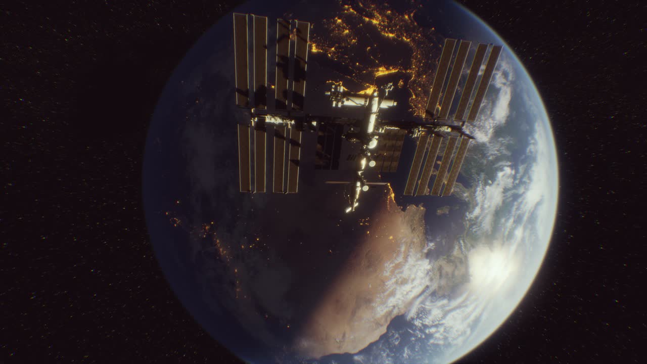 지구  ⁇ 도 위의 우주 공간에 있는 국제 우주 정거장