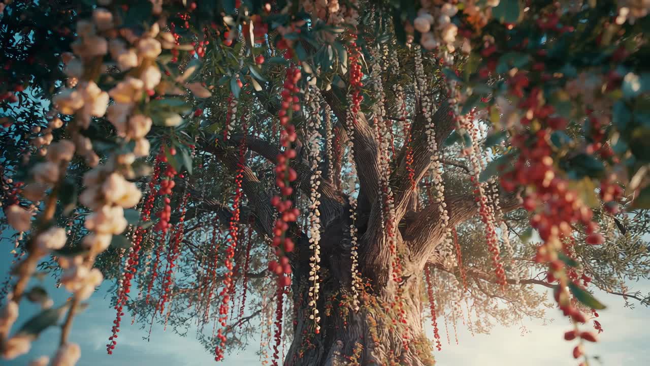 Swaying red and white berry clusters drifting around tree trunk at grove clearing by gentle breeze