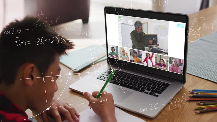 Animation of mathematical equations over asian boy having school video call