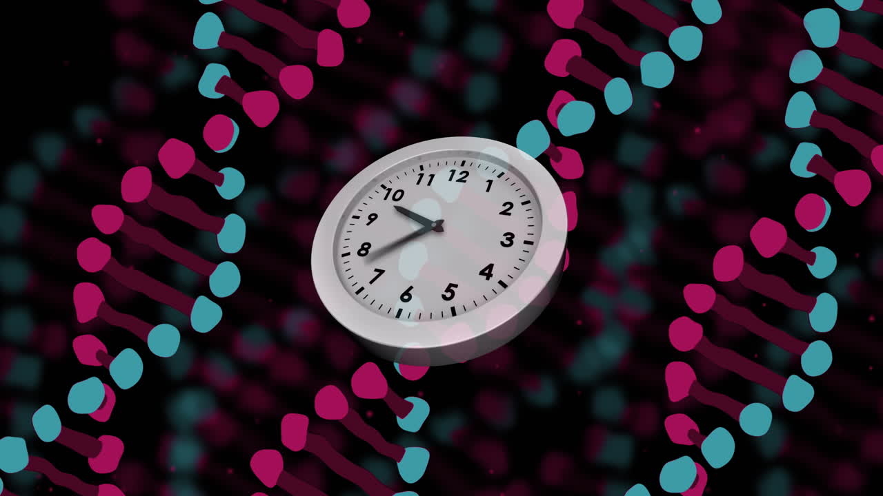 Animazione di orologio in movimento su filamenti di DNA su sfondo nero