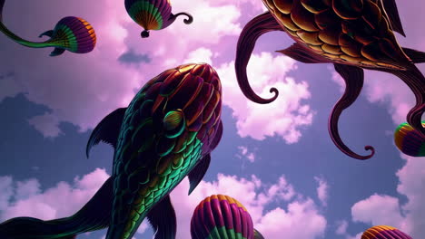 a collection of surreal skies with abstract organisms and structures