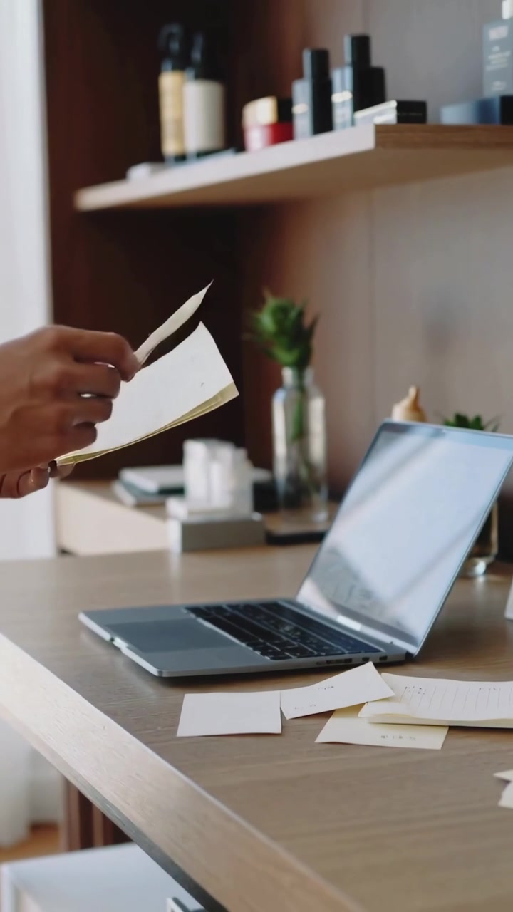 Video verticale: Mani che tengono una pila, sventolano e posizionano banconote su una scrivania accanto a un laptop, con un polsino bianco