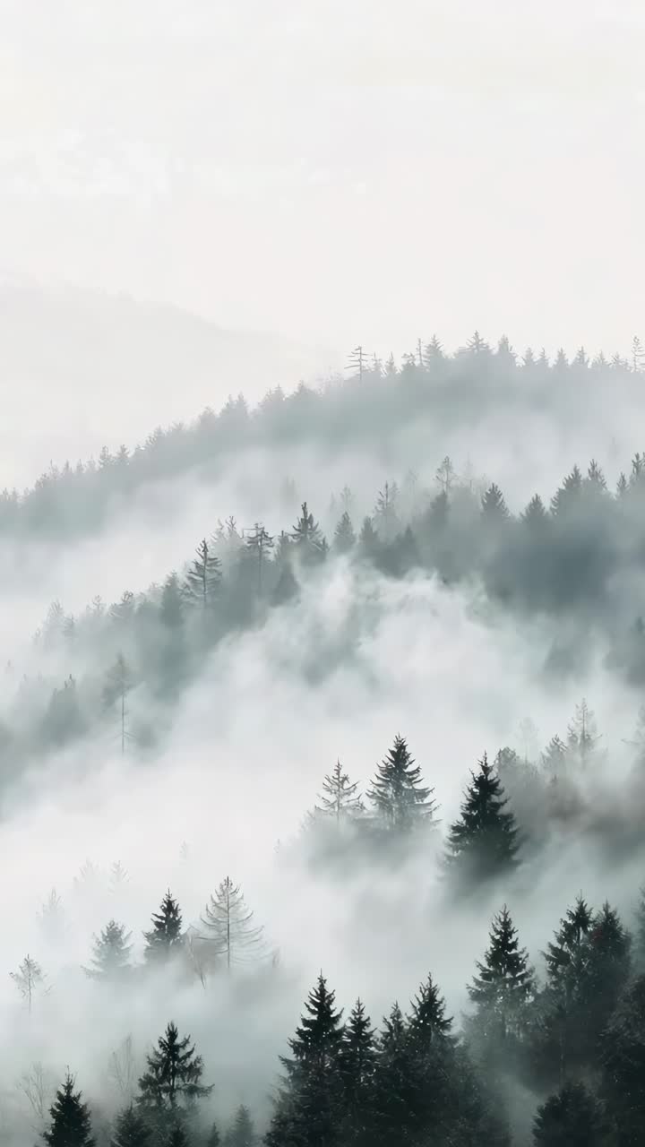 Aerial video captures misty pine forest with layers of fog, creating a serene, ethereal atmosphere