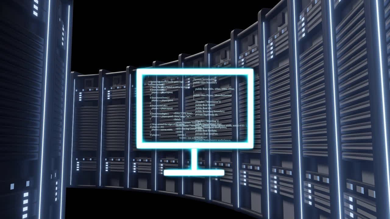 Computer monitor with code animation over server racks in data center