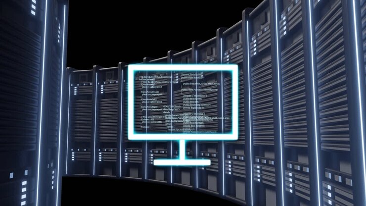Computer monitor with code animation over server racks in data center
