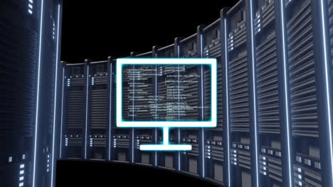 computer monitor with code animation over server racks in data center