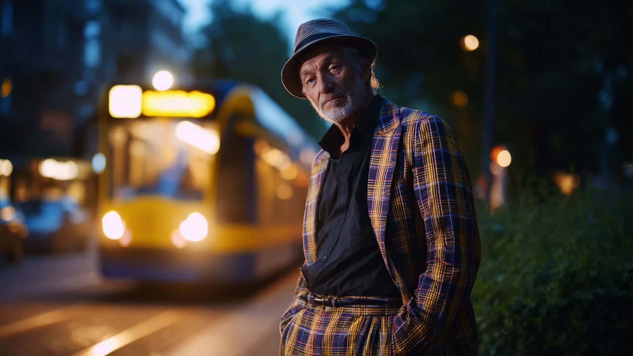 A Stylishly Dapper Individual in a Checkered Suit Stands Confidently on a City Street as a Colorful Tram Passes by in the Evening, Showcasing Urban Life and Fashion Contrast with Soft Lighting