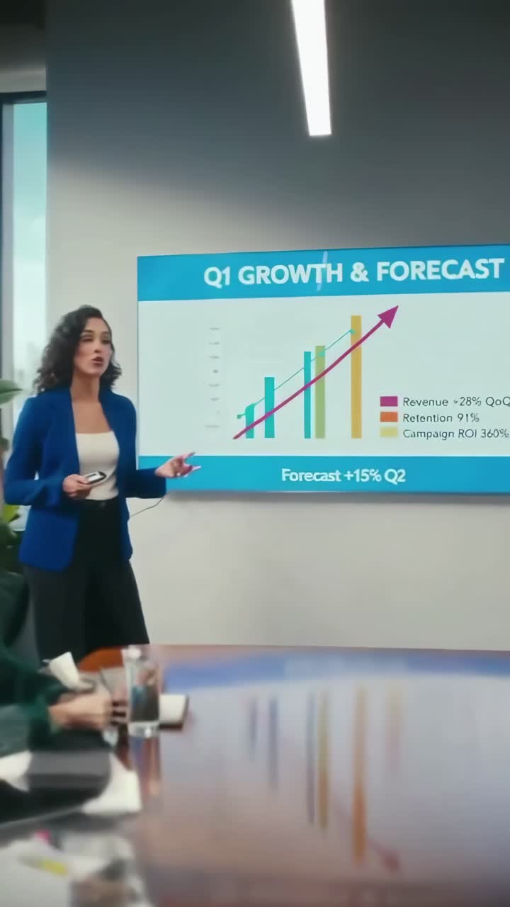 Donna d'affari che presenta le previsioni di crescita ai colleghi in un ufficio moderno