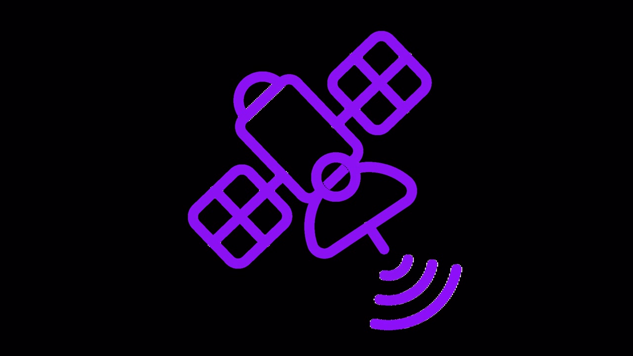 Animiertes lila Satellitensymbol sendet Signal.