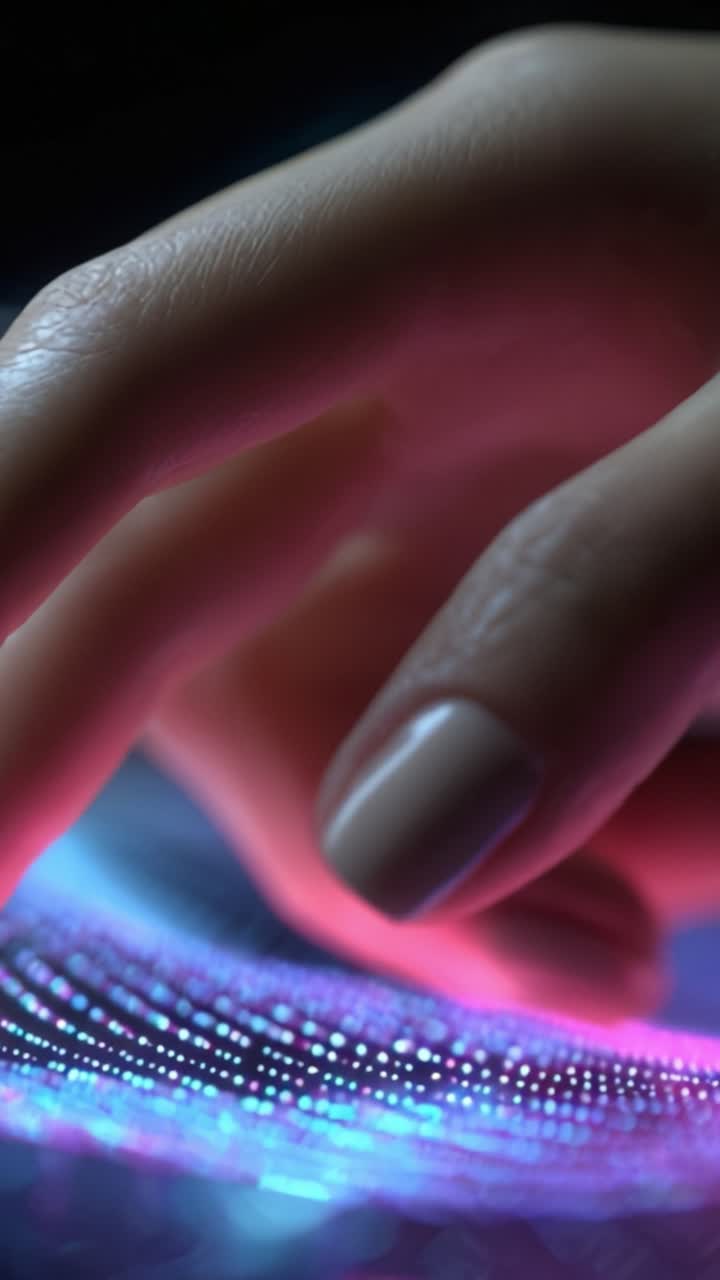 Un Primo Piano di una Mano con un Display Touchscreen Futuristico, che Evidenzia la Tecnologia Avanzata e gli Effetti di Luce Generati dall'Interfaccia