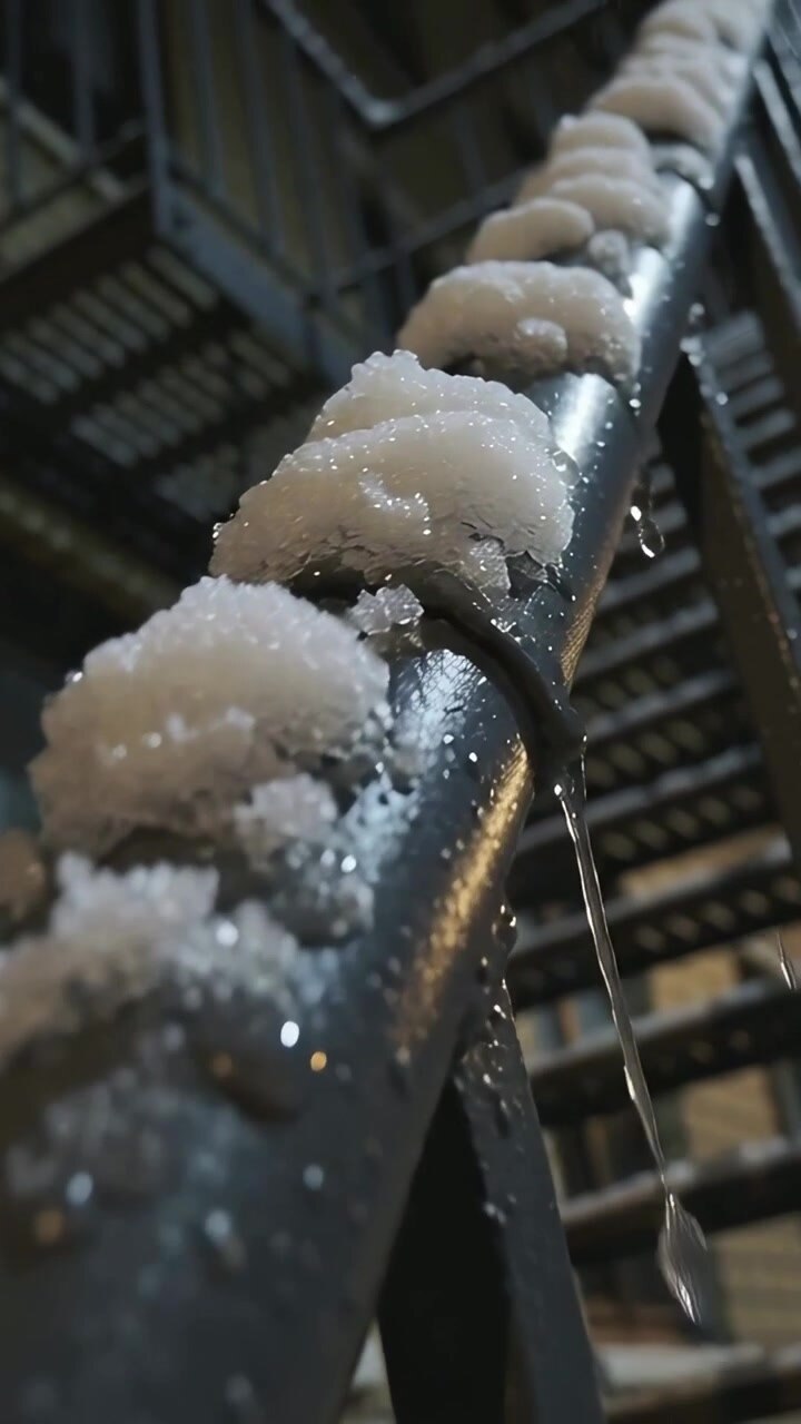 Vertical video: Dripping metal rail with slush forming drips on fire escape, thawing