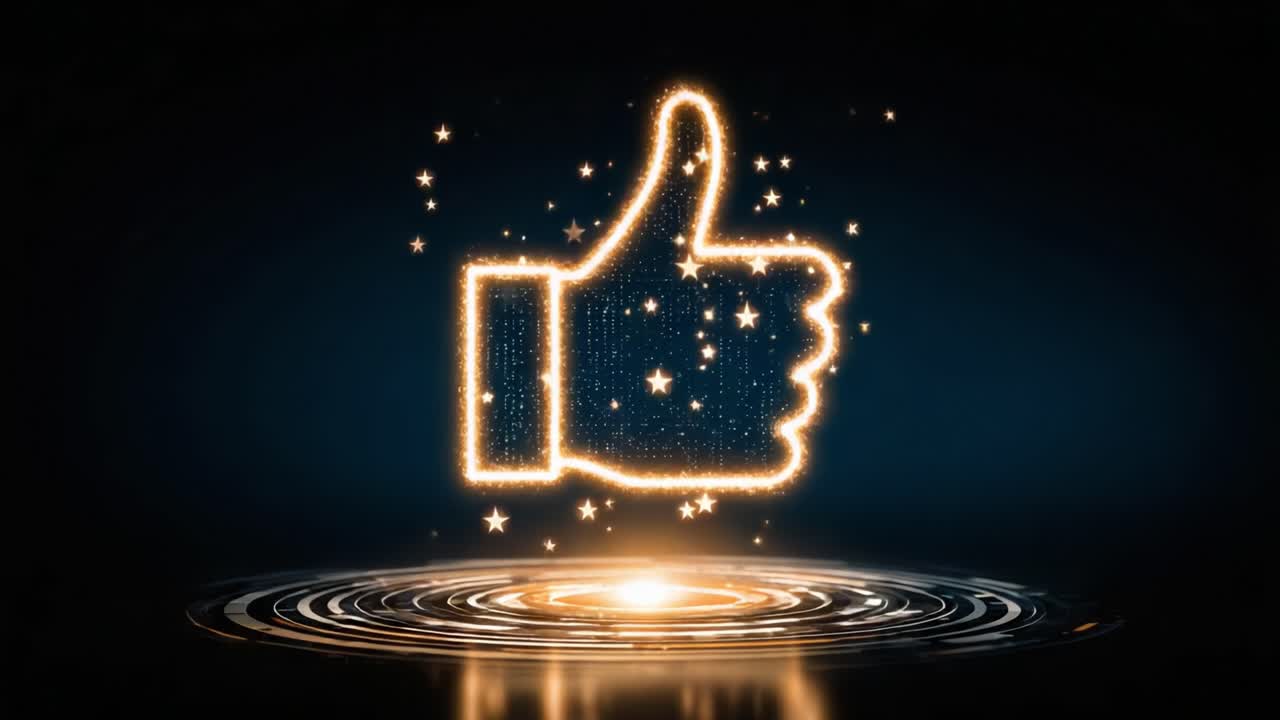 A Stunning Visual Representation of Approval and Positivity with a Sparkling Thumbs Up Symbol, Set Against a Dark Background Featuring Bright Stars and Radiant Light