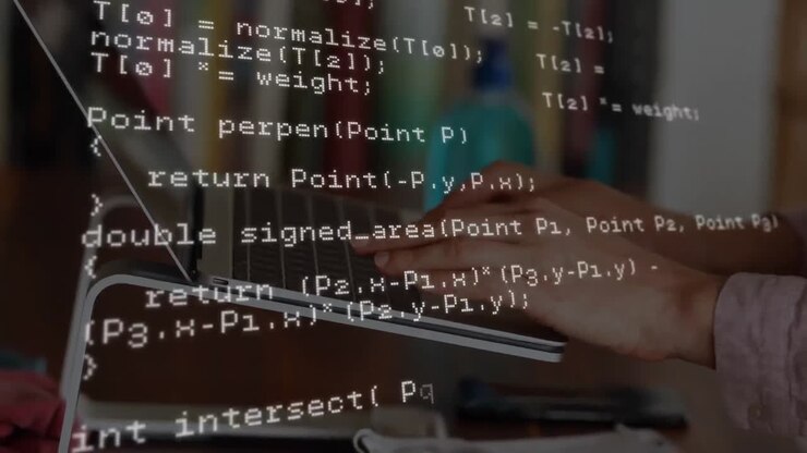 Animation of data processing over woman using laptop