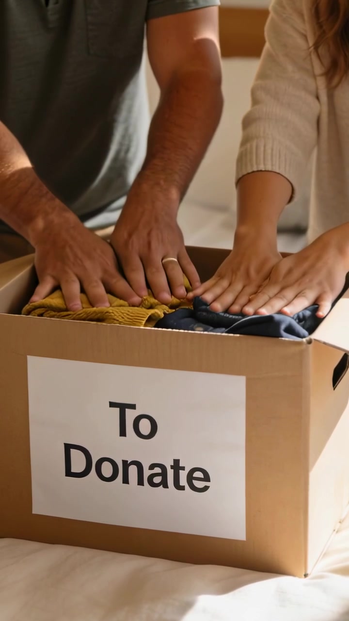 Vertical video: Reaching hands of couple placing clothes on bed, packing To Donate box for donation