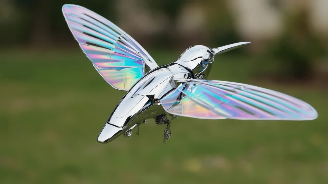 Chrome iridescent hummingbird robot