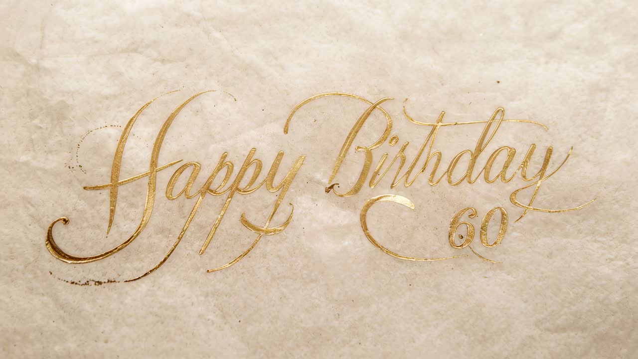 Sweeping light revealing Happy Birthday calligraphy gaining gold sheen on paper with numeral 60