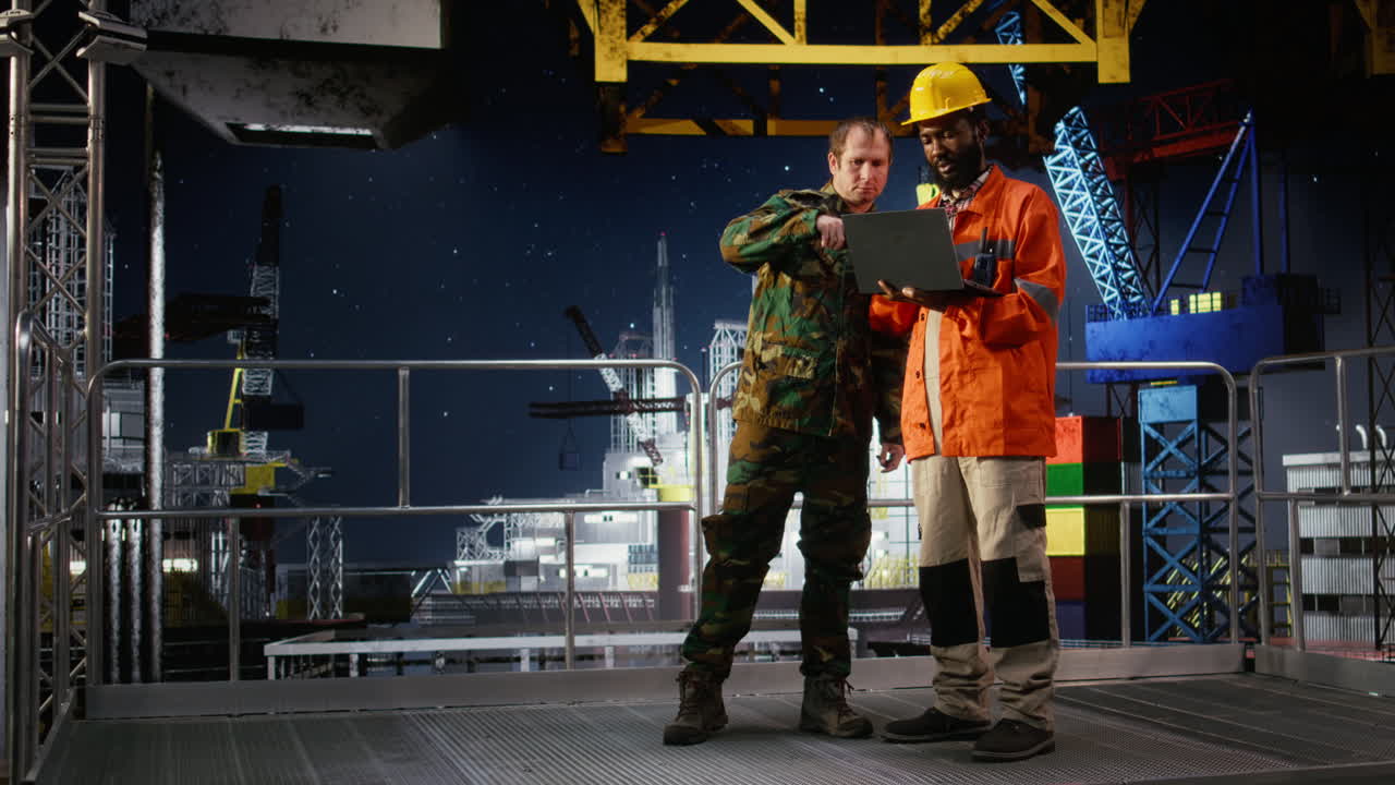 Naval soldier communicates via radio during offshore drilling operation