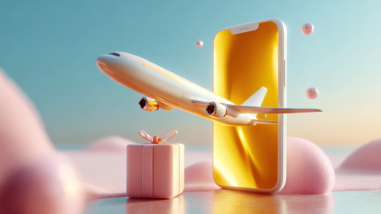 A captivating visual of a smartphone displaying an airplane taking flight, surrounded by pastel objects, symbolizing travel, technology, and modern experiences in a surrealist setting