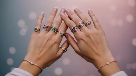 an elegant display of handcrafted rings and jewelry, showcasing exquisite designs and vibrant gemstones on graceful hands against a soft blurred background