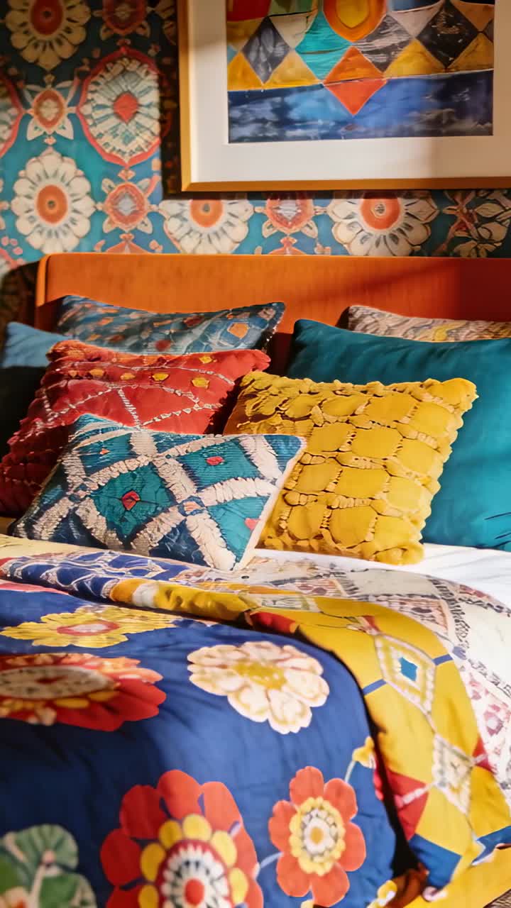 Vertical video: Panning camera revealing bedroom showing floral duvet pillows headboard for styling