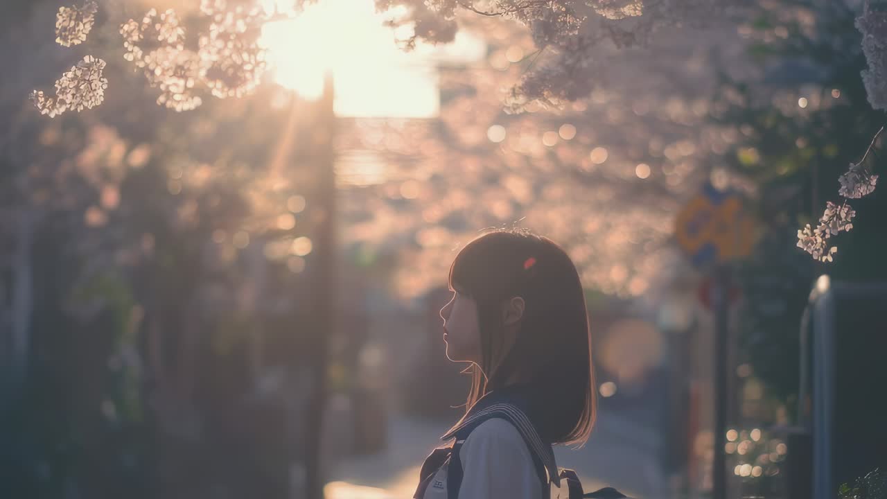 Student Girl Under Cherry Blossoms