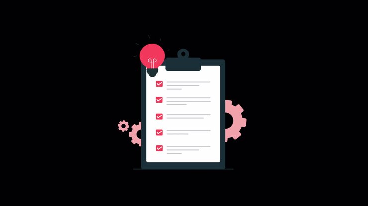 Animated Checklist with Glowing Lightbulb and Rotating Gears