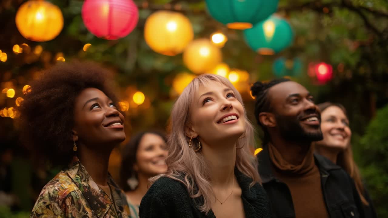 Group of friends celebrating under colorful lanterns