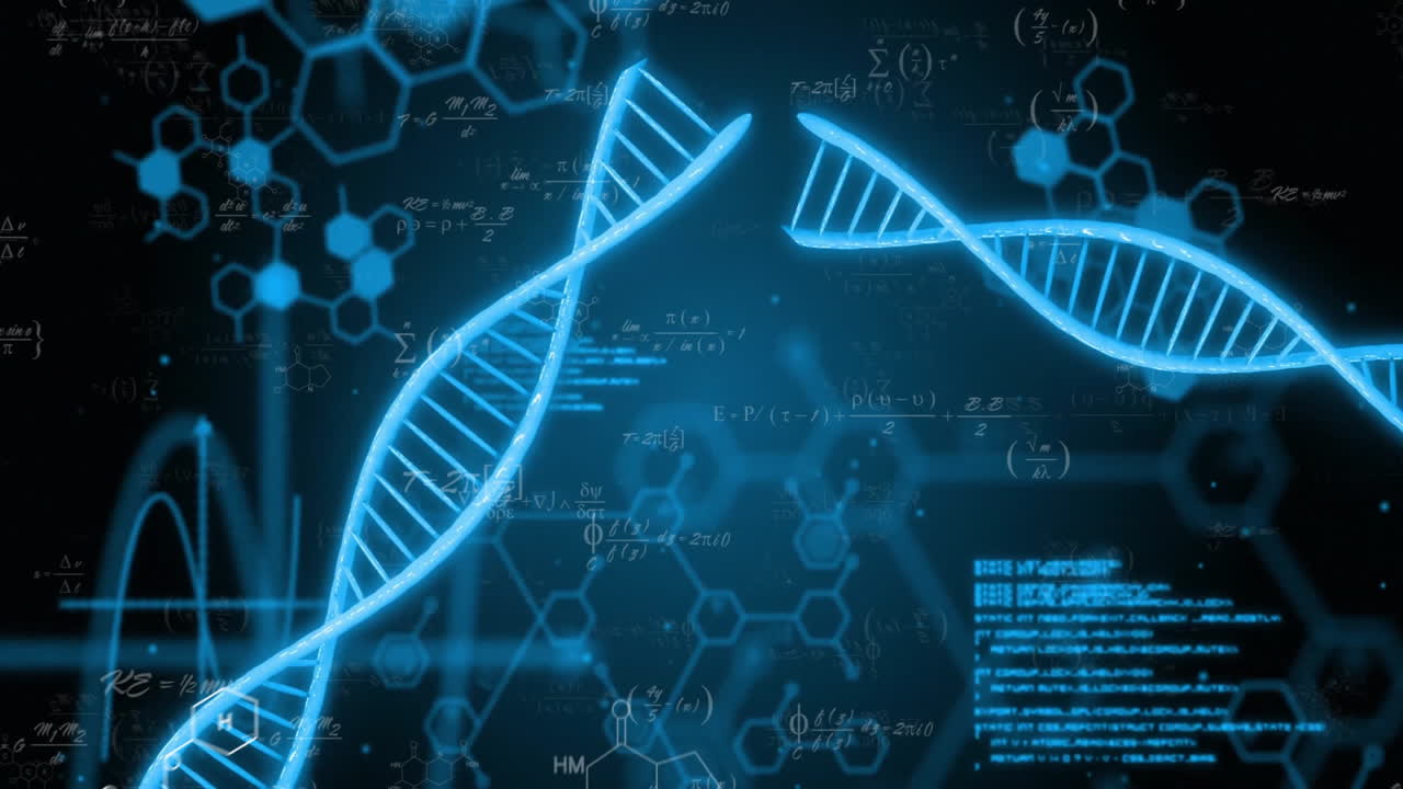 Animation of dna strands and data processing over black background