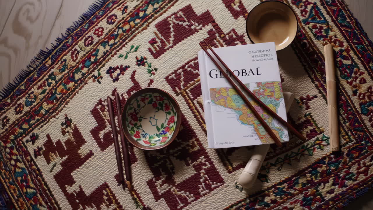 Global Book and Asian Decor on a Rug