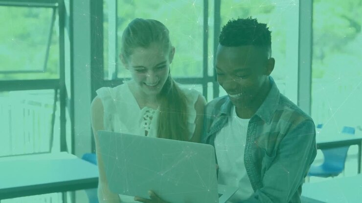 Animation of network of connections over diverse students using laptop
