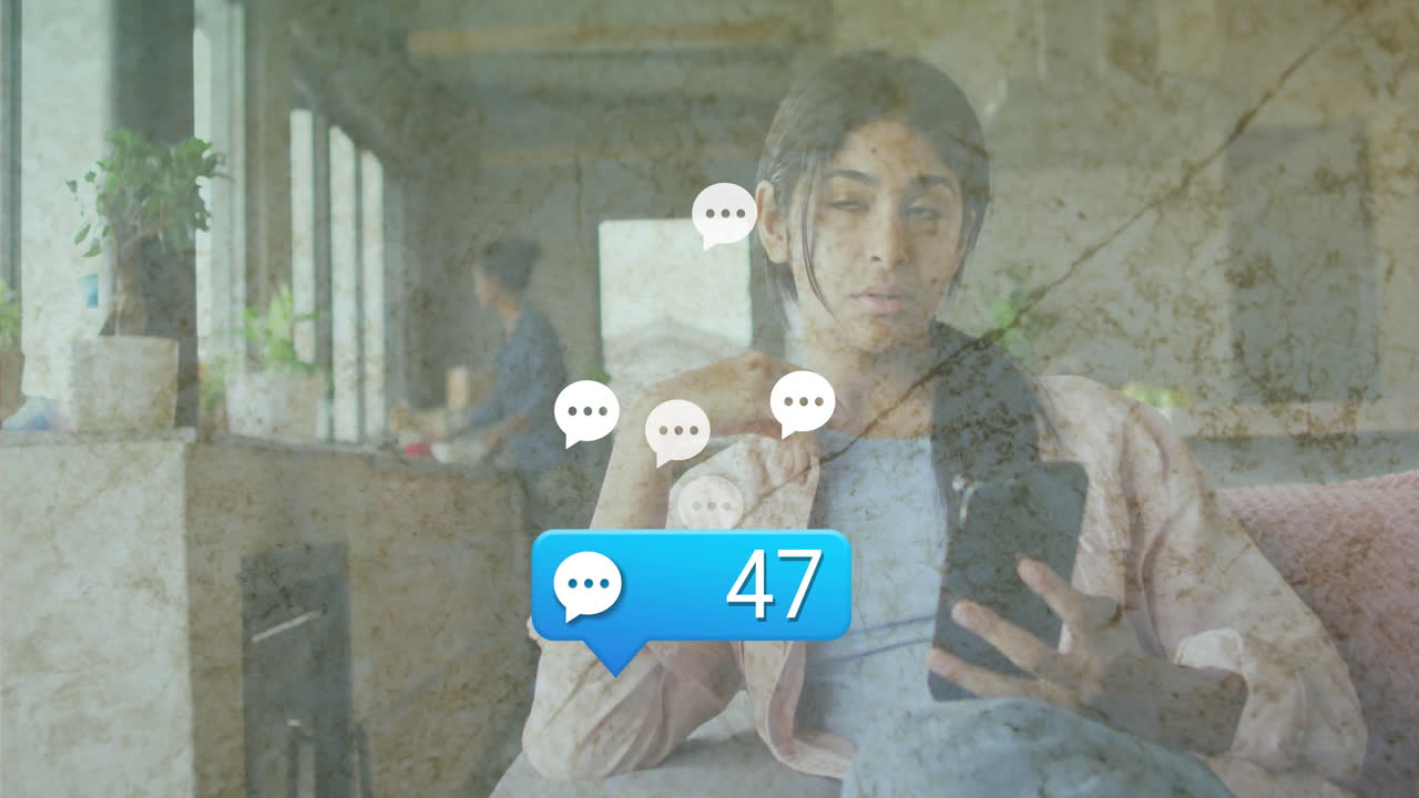 Checking phone notifications, woman with animation of message icons in background